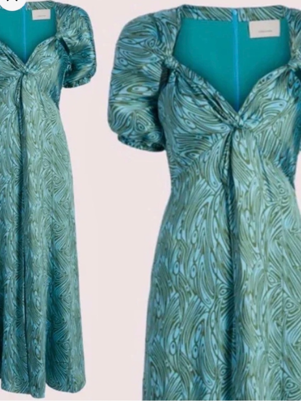 cinq a sept Teal Swirl Puff-Sleeve Midi Dress